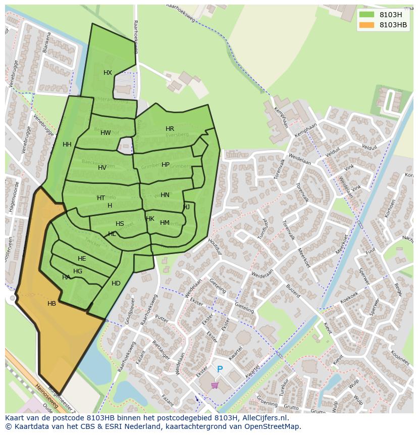 Afbeelding van het postcodegebied 8103 HB op de kaart.