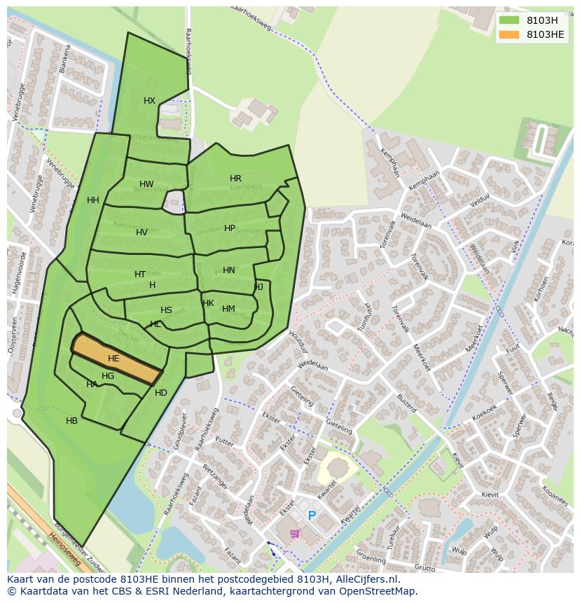 Afbeelding van het postcodegebied 8103 HE op de kaart.