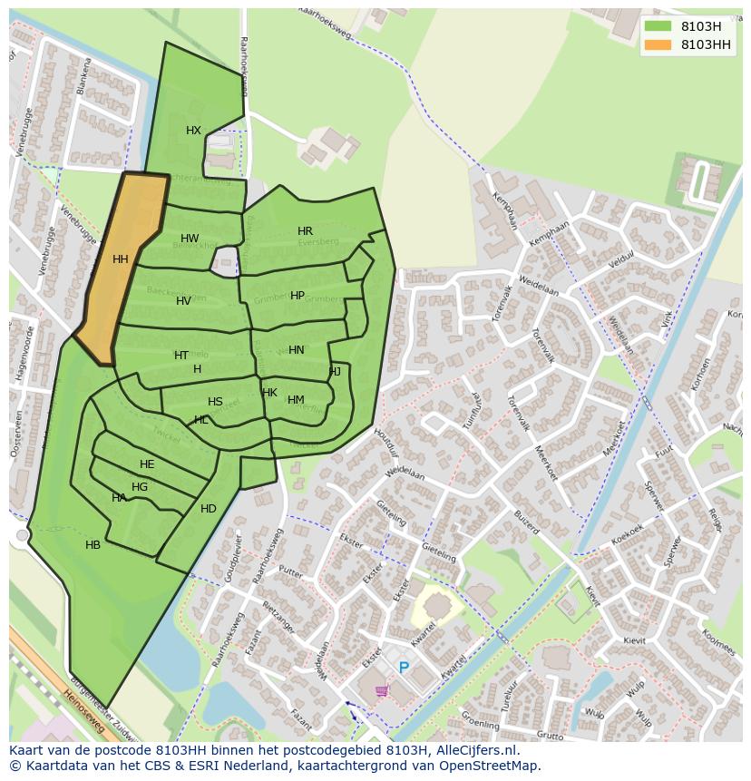 Afbeelding van het postcodegebied 8103 HH op de kaart.
