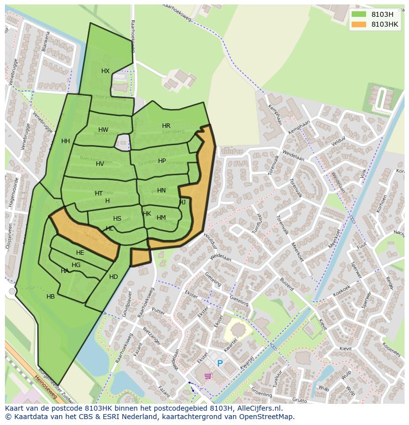 Afbeelding van het postcodegebied 8103 HK op de kaart.