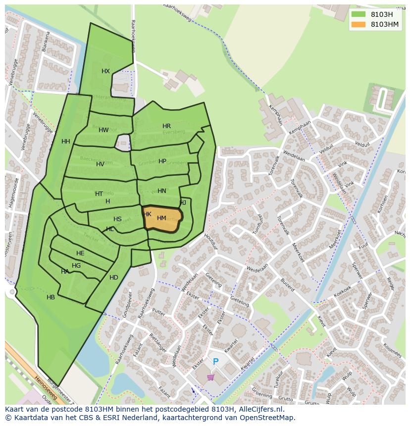 Afbeelding van het postcodegebied 8103 HM op de kaart.