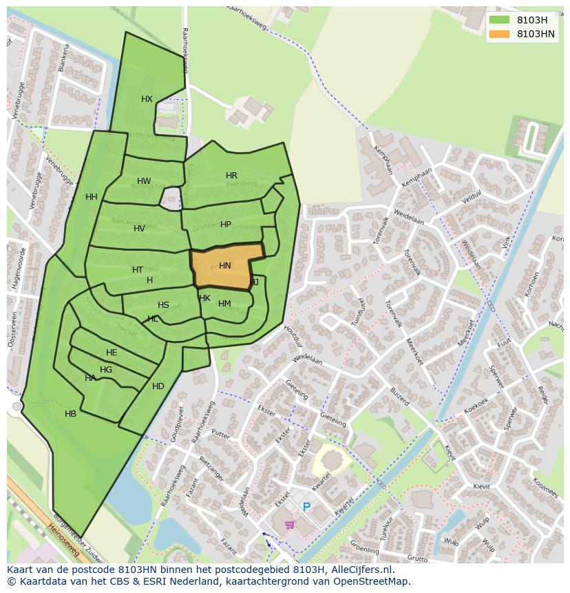 Afbeelding van het postcodegebied 8103 HN op de kaart.