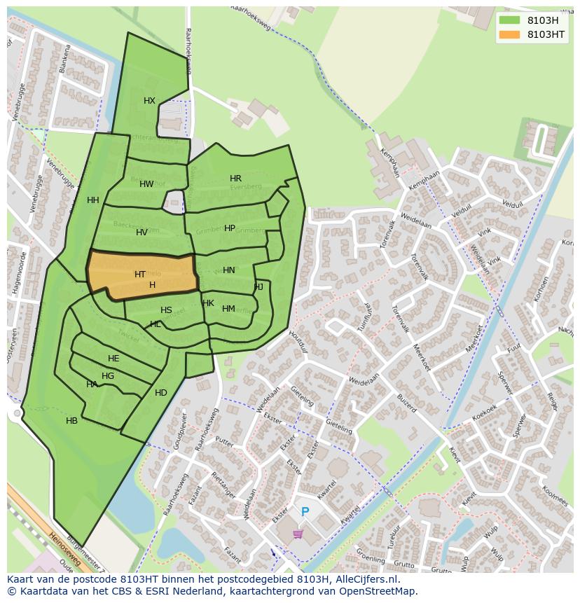 Afbeelding van het postcodegebied 8103 HT op de kaart.