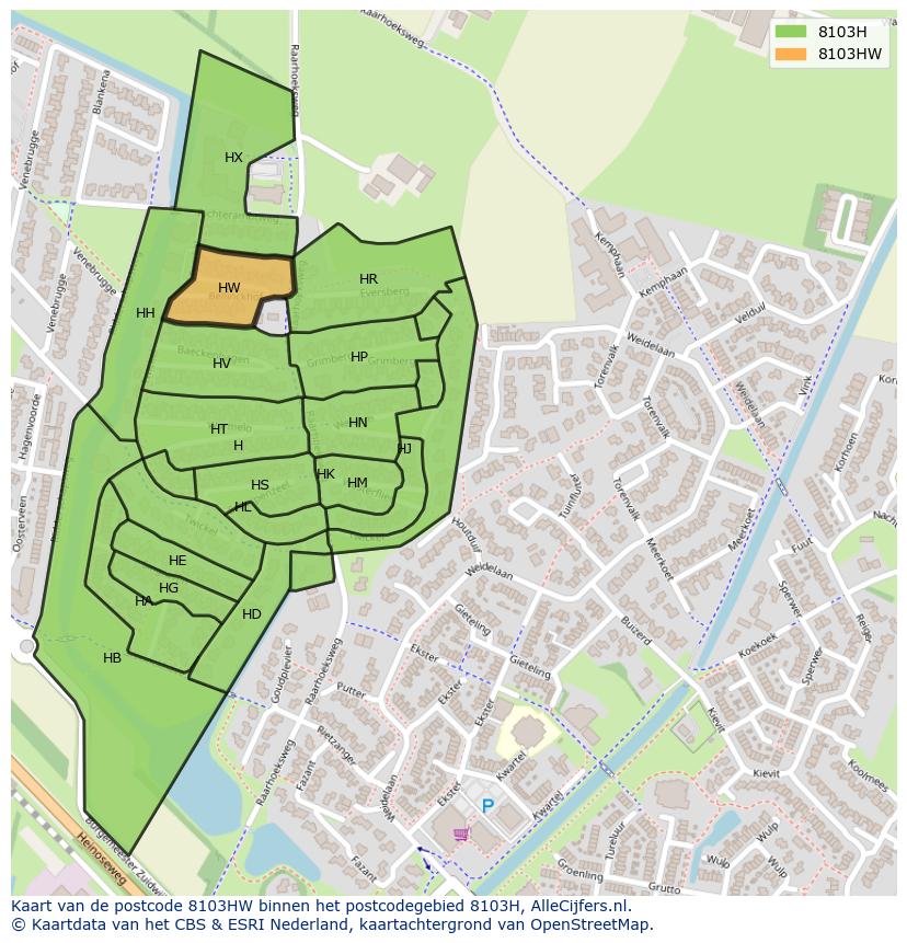 Afbeelding van het postcodegebied 8103 HW op de kaart.