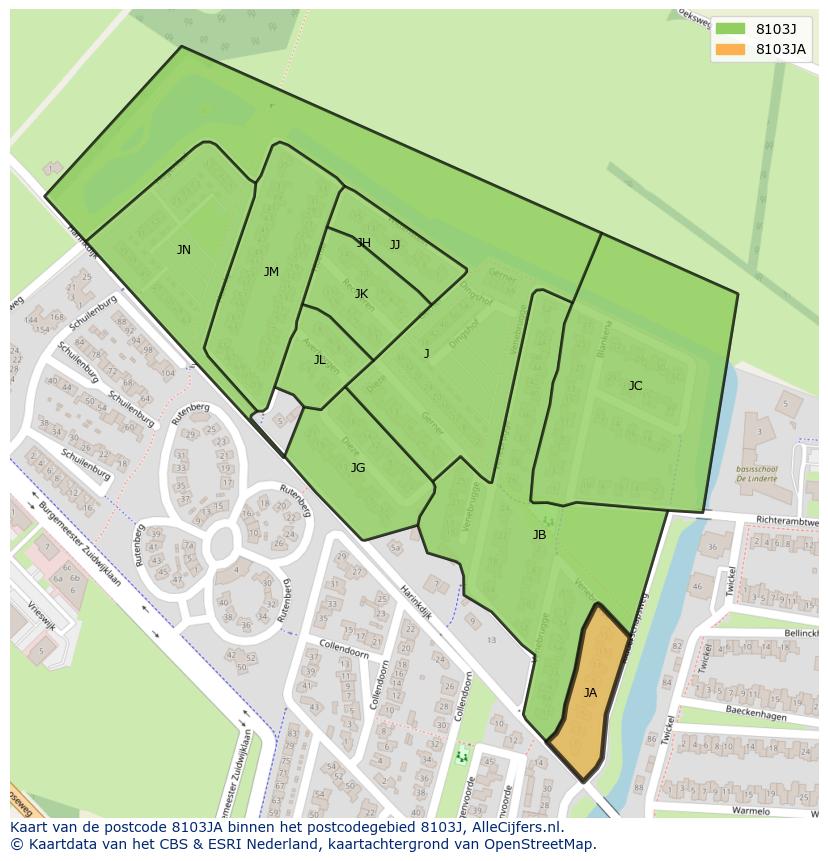 Afbeelding van het postcodegebied 8103 JA op de kaart.