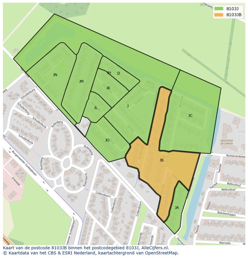 Afbeelding van het postcodegebied 8103 JB op de kaart.