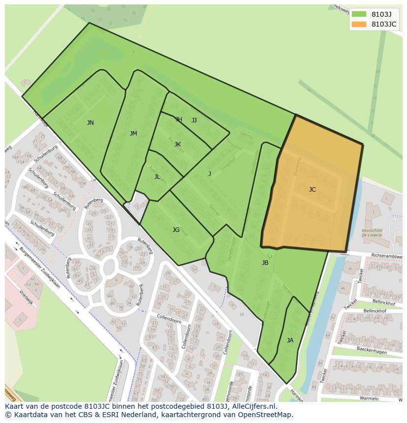 Afbeelding van het postcodegebied 8103 JC op de kaart.