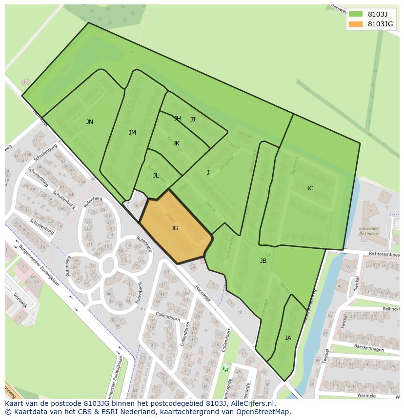 Afbeelding van het postcodegebied 8103 JG op de kaart.