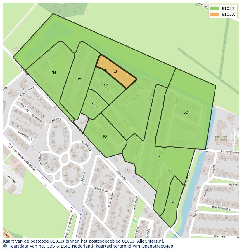 Afbeelding van het postcodegebied 8103 JJ op de kaart.