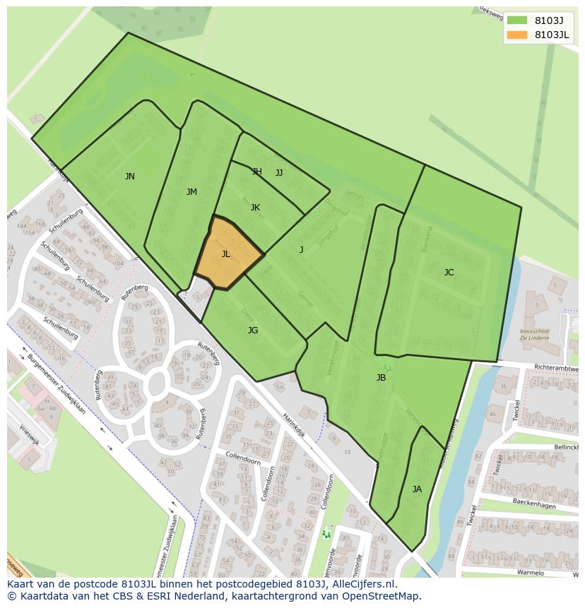 Afbeelding van het postcodegebied 8103 JL op de kaart.