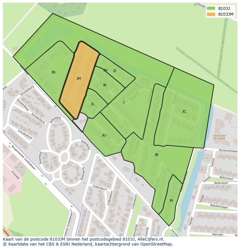 Afbeelding van het postcodegebied 8103 JM op de kaart.