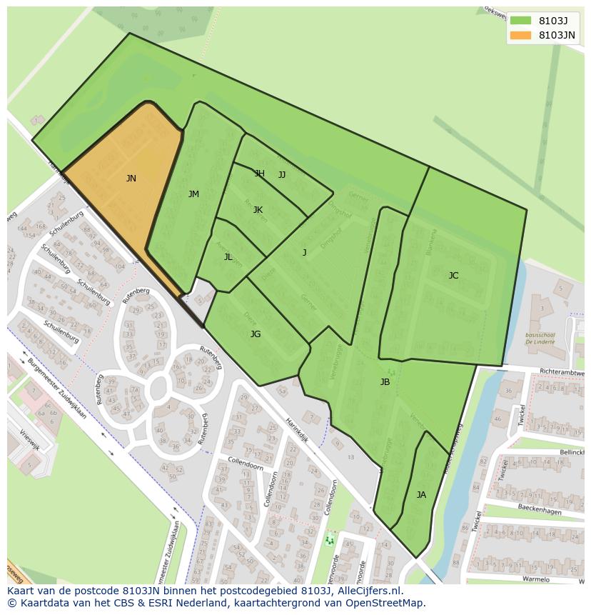 Afbeelding van het postcodegebied 8103 JN op de kaart.
