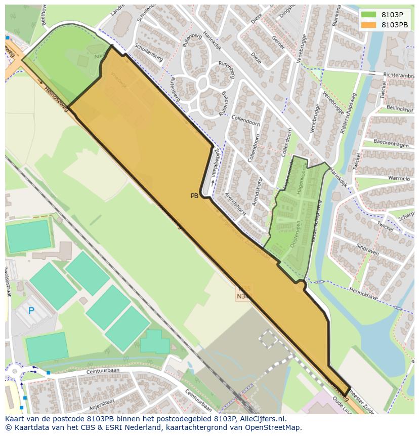 Afbeelding van het postcodegebied 8103 PB op de kaart.