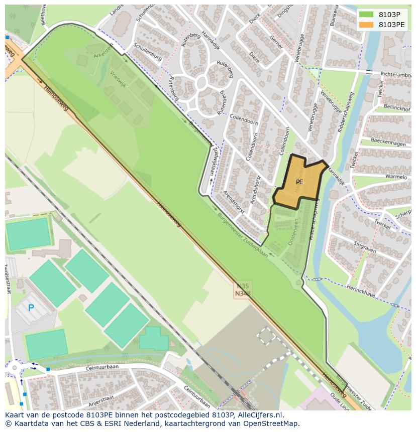 Afbeelding van het postcodegebied 8103 PE op de kaart.