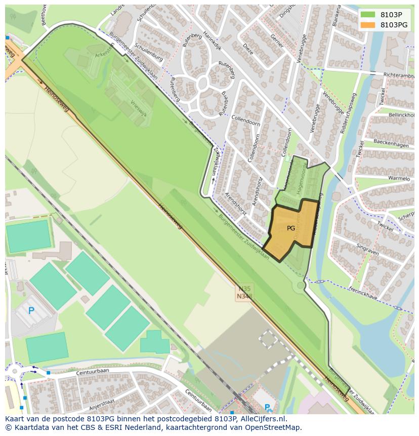 Afbeelding van het postcodegebied 8103 PG op de kaart.