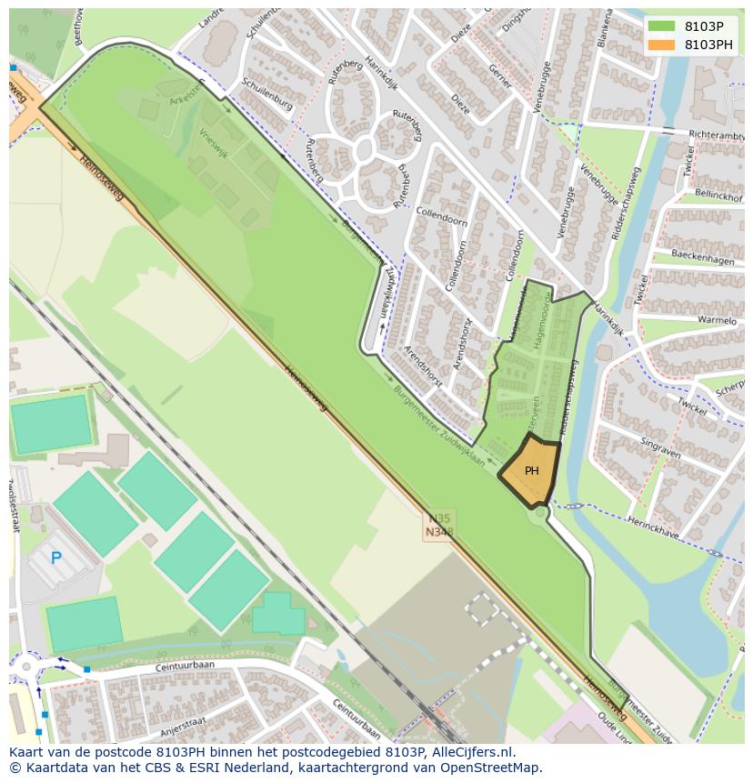 Afbeelding van het postcodegebied 8103 PH op de kaart.