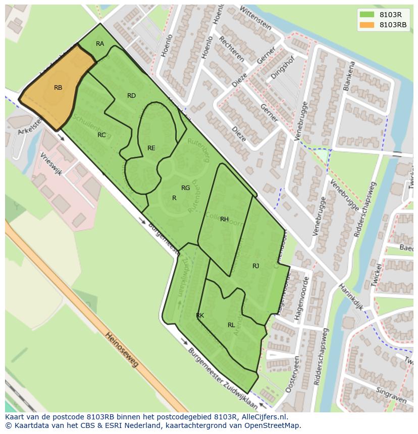 Afbeelding van het postcodegebied 8103 RB op de kaart.