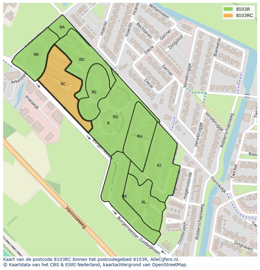 Afbeelding van het postcodegebied 8103 RC op de kaart.