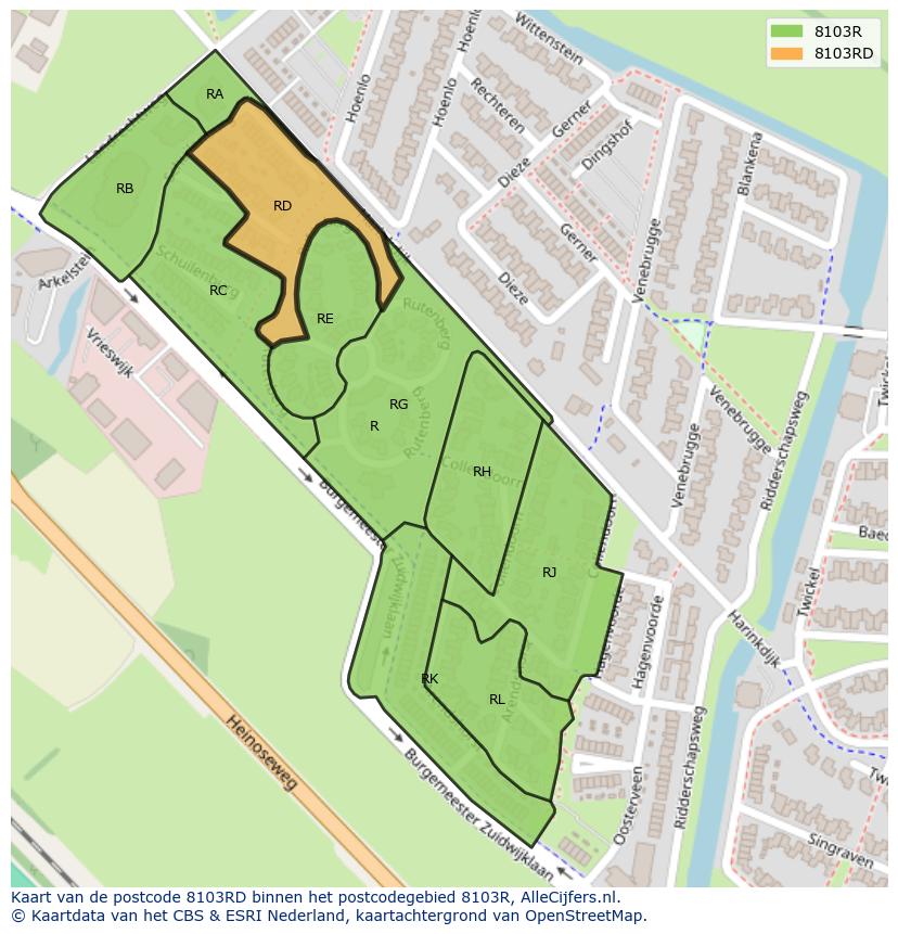 Afbeelding van het postcodegebied 8103 RD op de kaart.