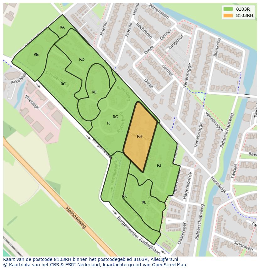Afbeelding van het postcodegebied 8103 RH op de kaart.
