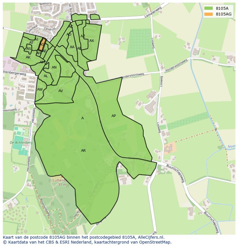 Afbeelding van het postcodegebied 8105 AG op de kaart.