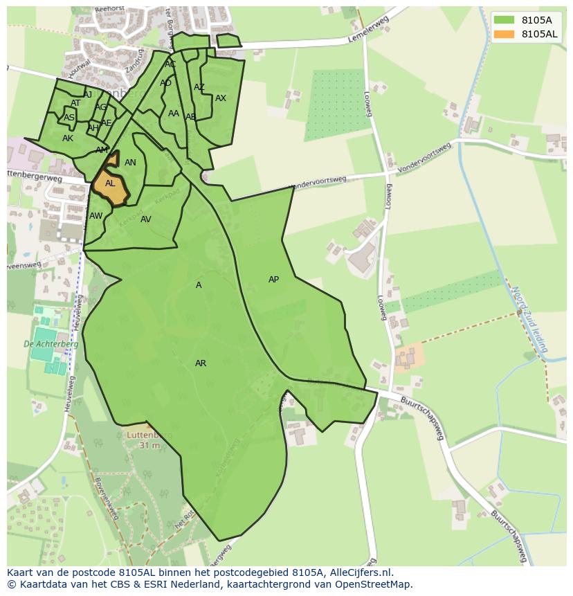 Afbeelding van het postcodegebied 8105 AL op de kaart.