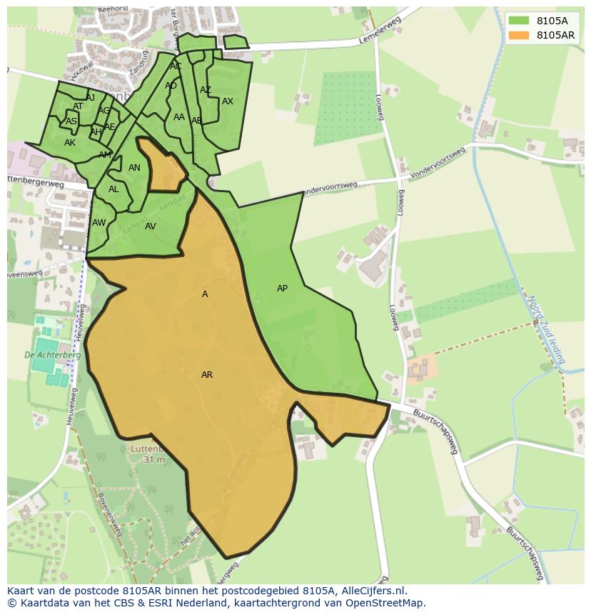 Afbeelding van het postcodegebied 8105 AR op de kaart.