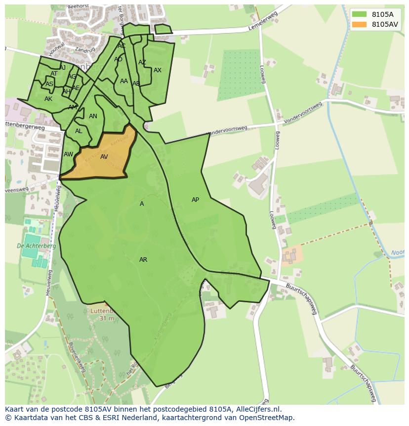 Afbeelding van het postcodegebied 8105 AV op de kaart.