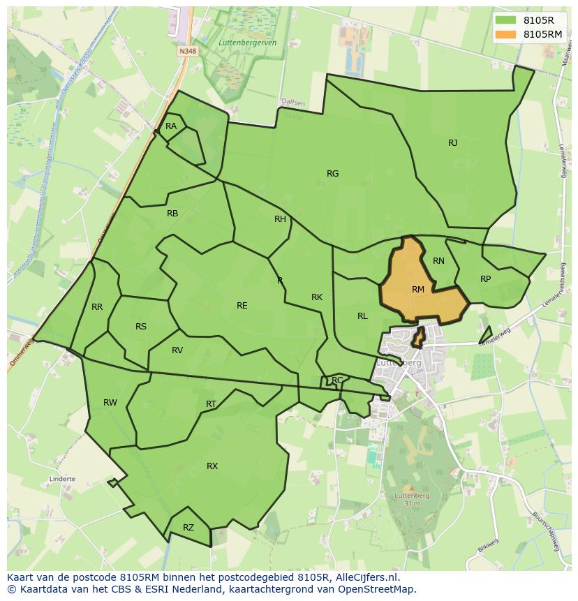 Afbeelding van het postcodegebied 8105 RM op de kaart.