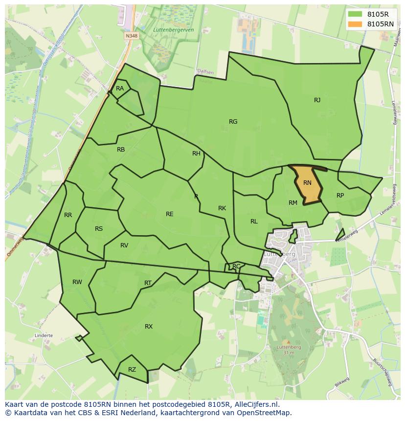 Afbeelding van het postcodegebied 8105 RN op de kaart.