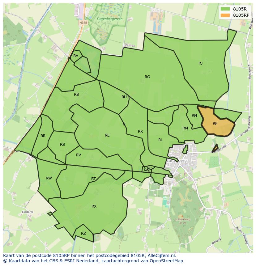 Afbeelding van het postcodegebied 8105 RP op de kaart.