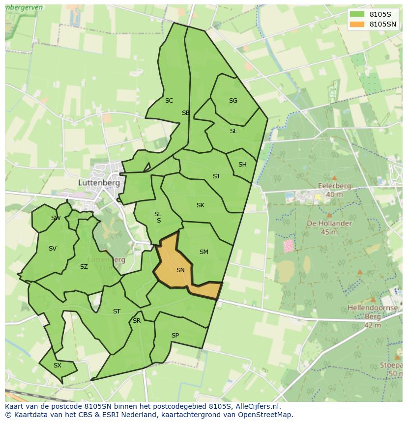 Afbeelding van het postcodegebied 8105 SN op de kaart.