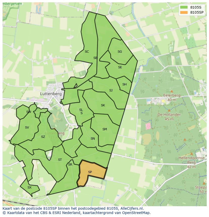 Afbeelding van het postcodegebied 8105 SP op de kaart.