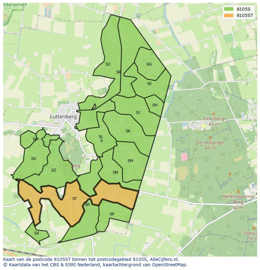 Afbeelding van het postcodegebied 8105 ST op de kaart.