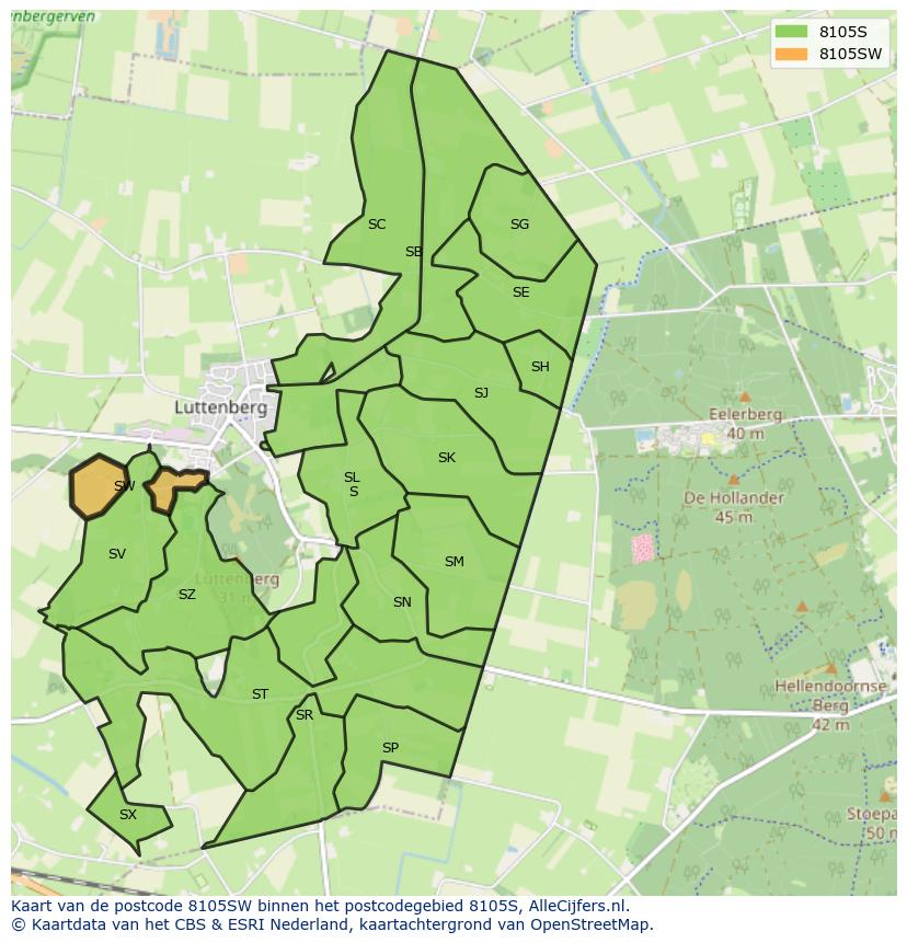 Afbeelding van het postcodegebied 8105 SW op de kaart.