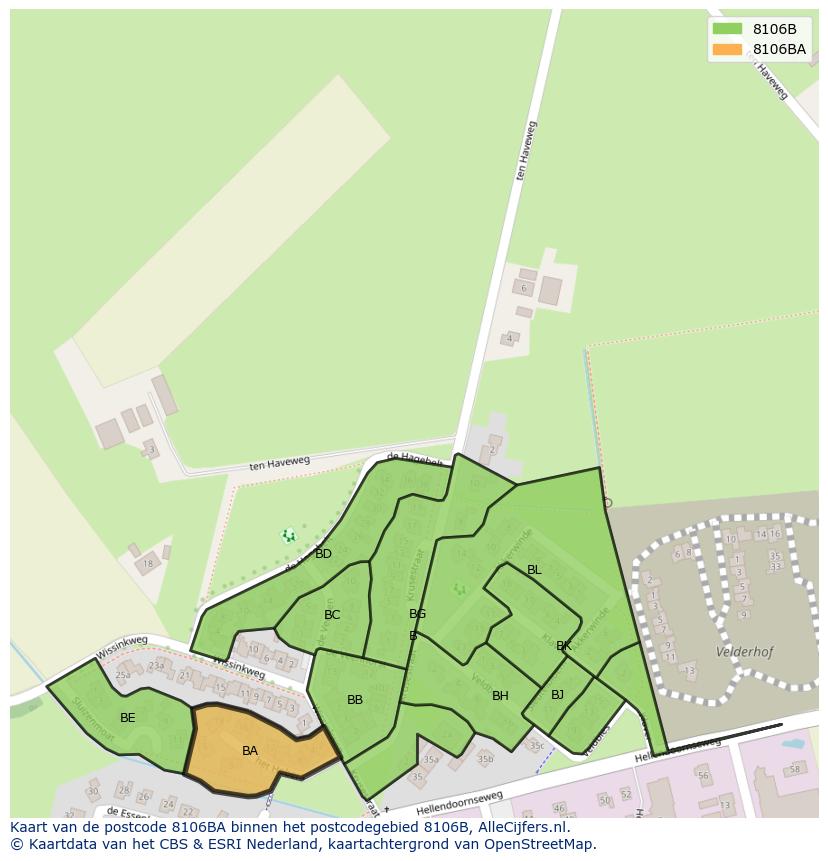 Afbeelding van het postcodegebied 8106 BA op de kaart.