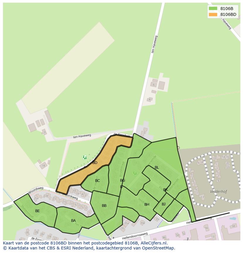 Afbeelding van het postcodegebied 8106 BD op de kaart.