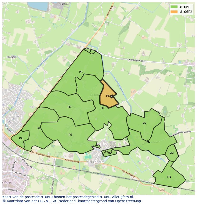 Afbeelding van het postcodegebied 8106 PJ op de kaart.
