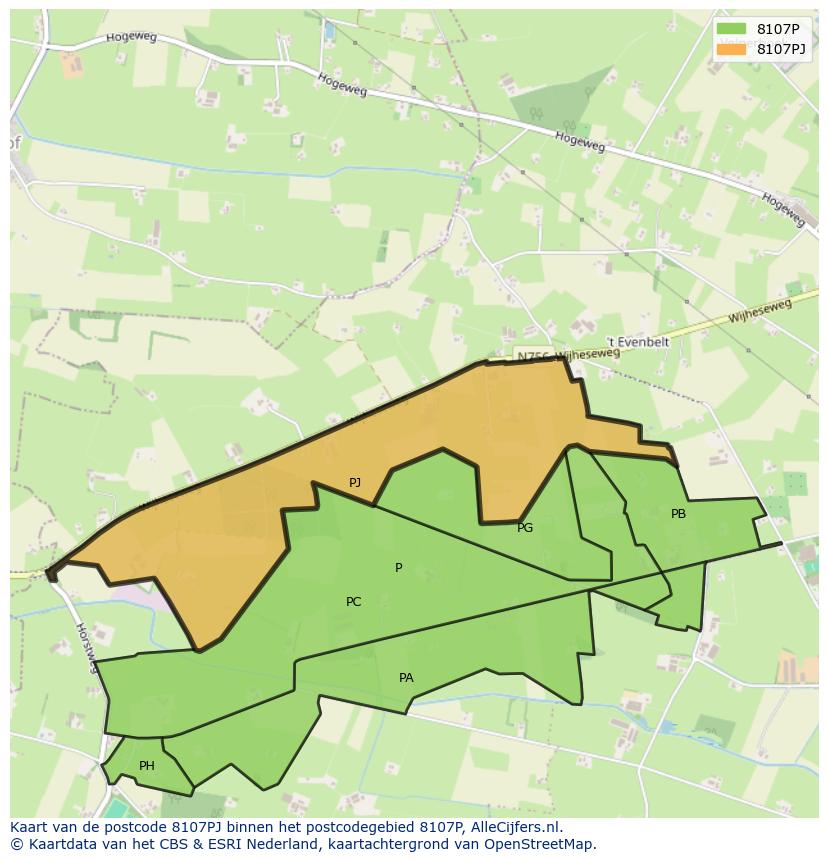 Afbeelding van het postcodegebied 8107 PJ op de kaart.