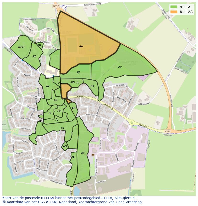 Afbeelding van het postcodegebied 8111 AA op de kaart.