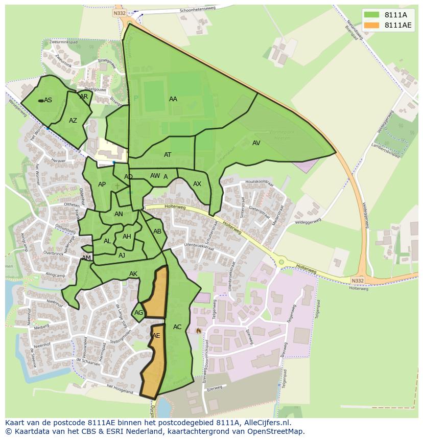 Afbeelding van het postcodegebied 8111 AE op de kaart.