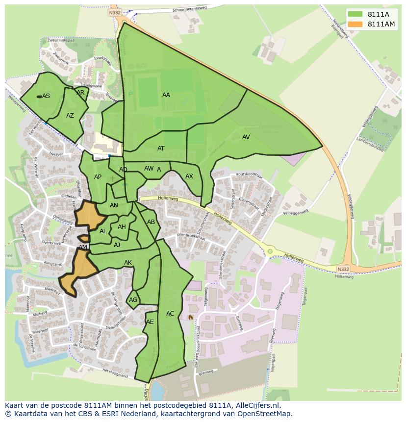 Afbeelding van het postcodegebied 8111 AM op de kaart.
