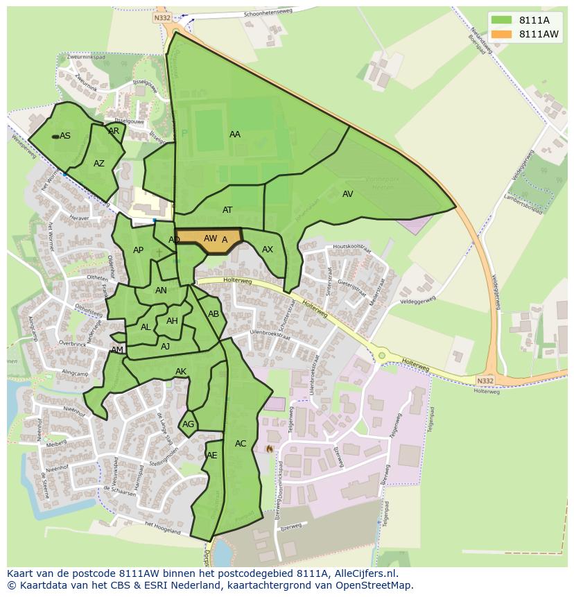 Afbeelding van het postcodegebied 8111 AW op de kaart.