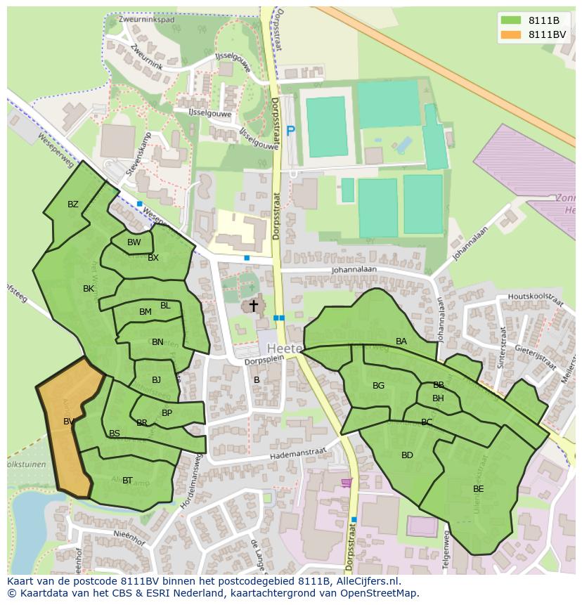 Afbeelding van het postcodegebied 8111 BV op de kaart.