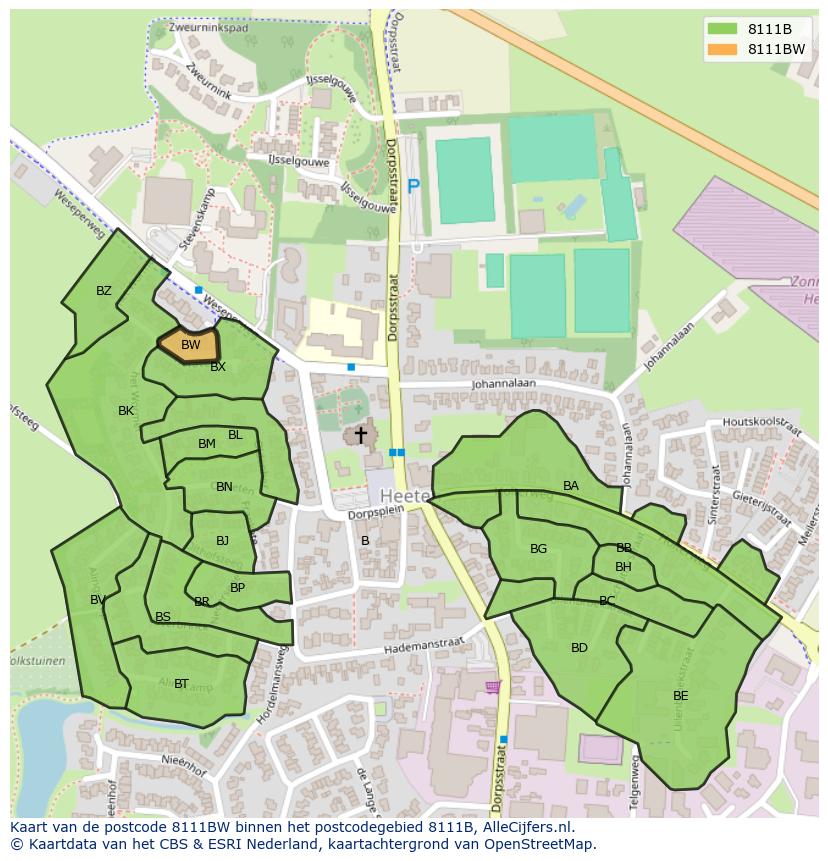 Afbeelding van het postcodegebied 8111 BW op de kaart.