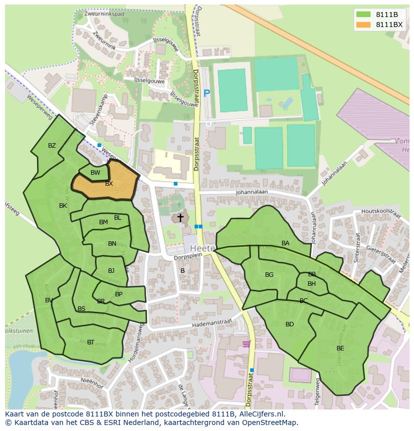 Afbeelding van het postcodegebied 8111 BX op de kaart.