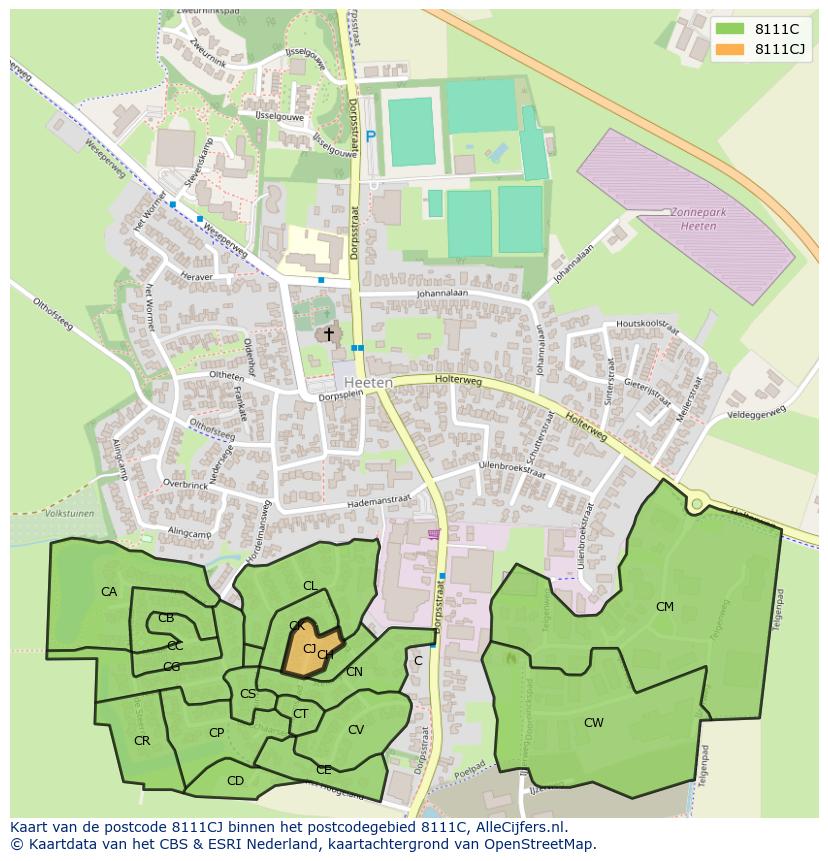 Afbeelding van het postcodegebied 8111 CJ op de kaart.