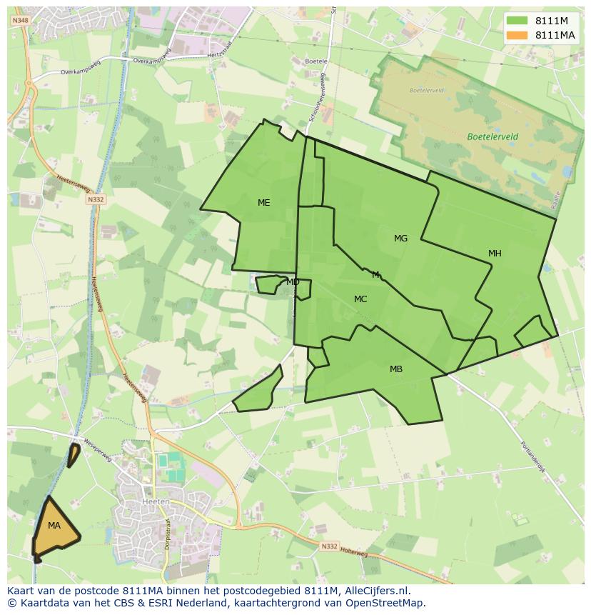 Afbeelding van het postcodegebied 8111 MA op de kaart.