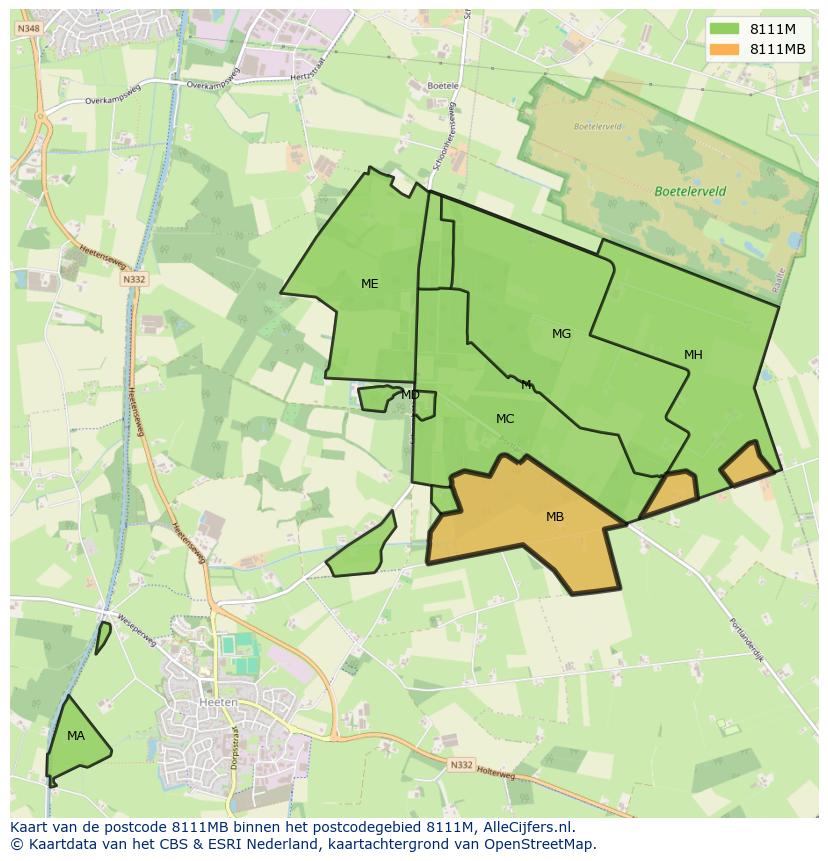 Afbeelding van het postcodegebied 8111 MB op de kaart.