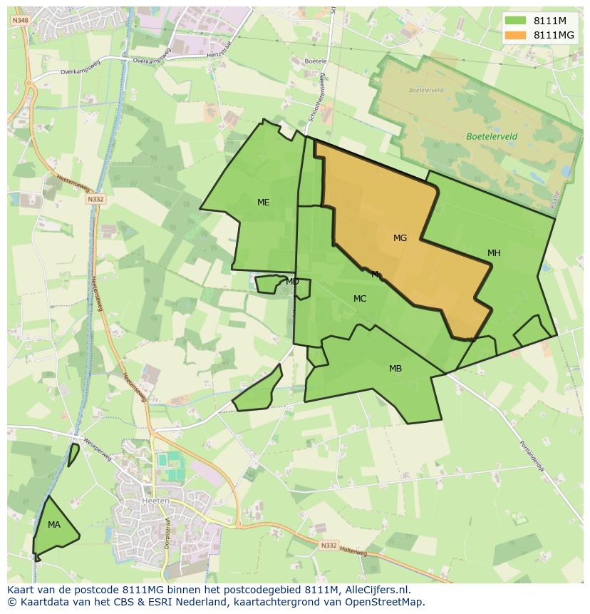 Afbeelding van het postcodegebied 8111 MG op de kaart.
